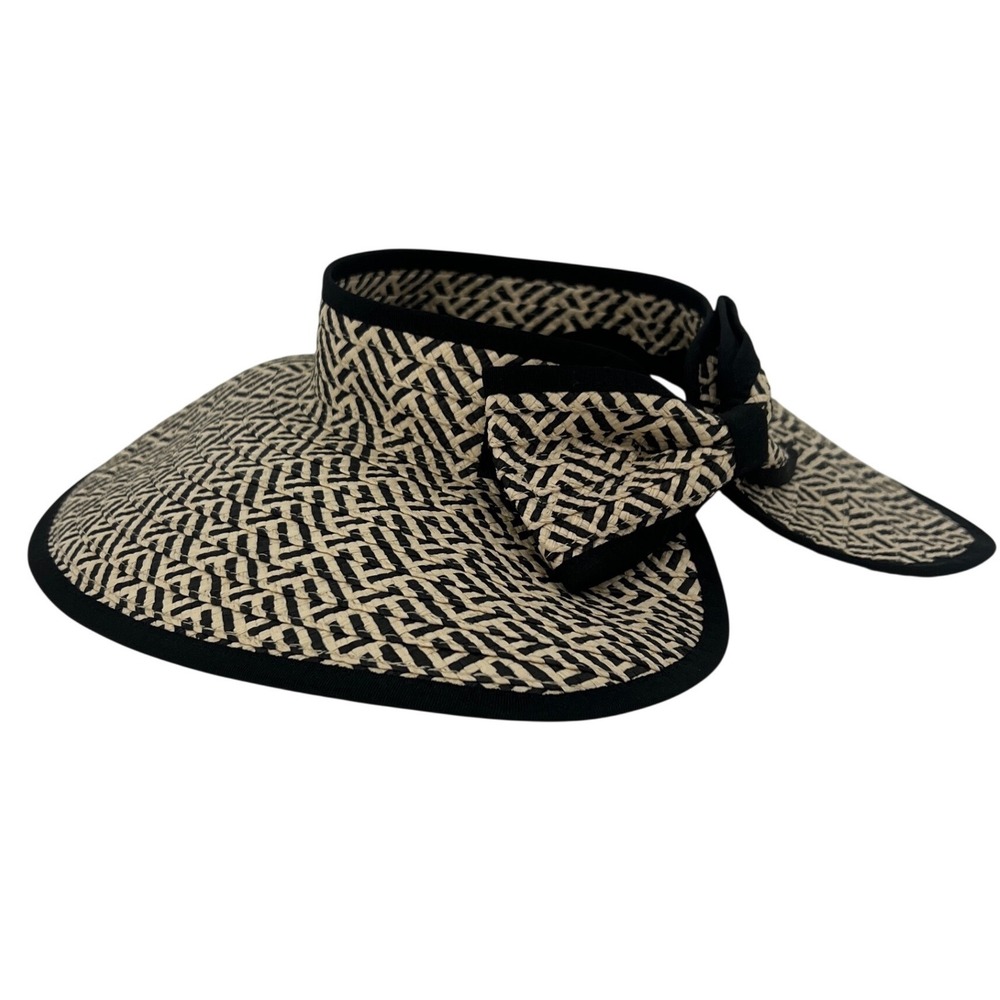 World Market Straw Sun Visor Womens OS Black Tan Wide Brim Roll Up Bow Beach Hat